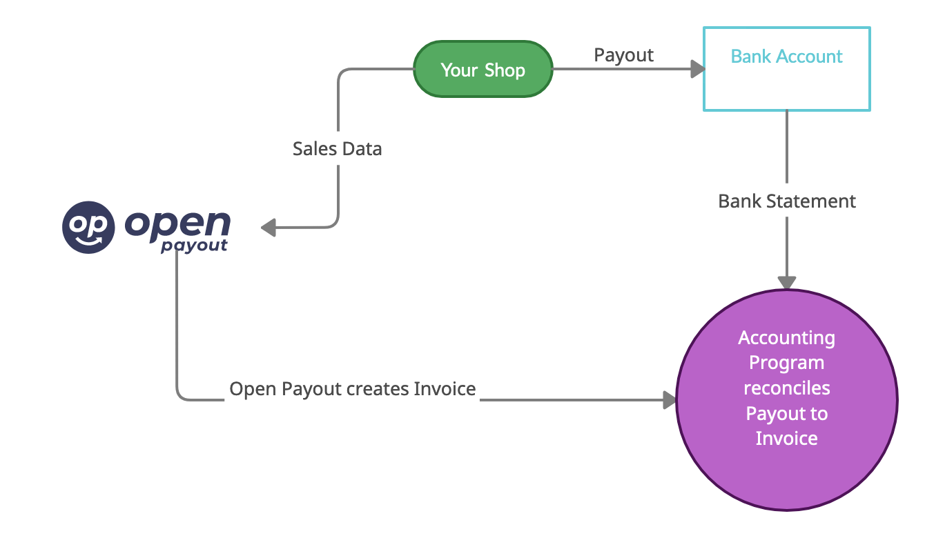 Dataflow diagram showing payout automatically reconciled to invoice