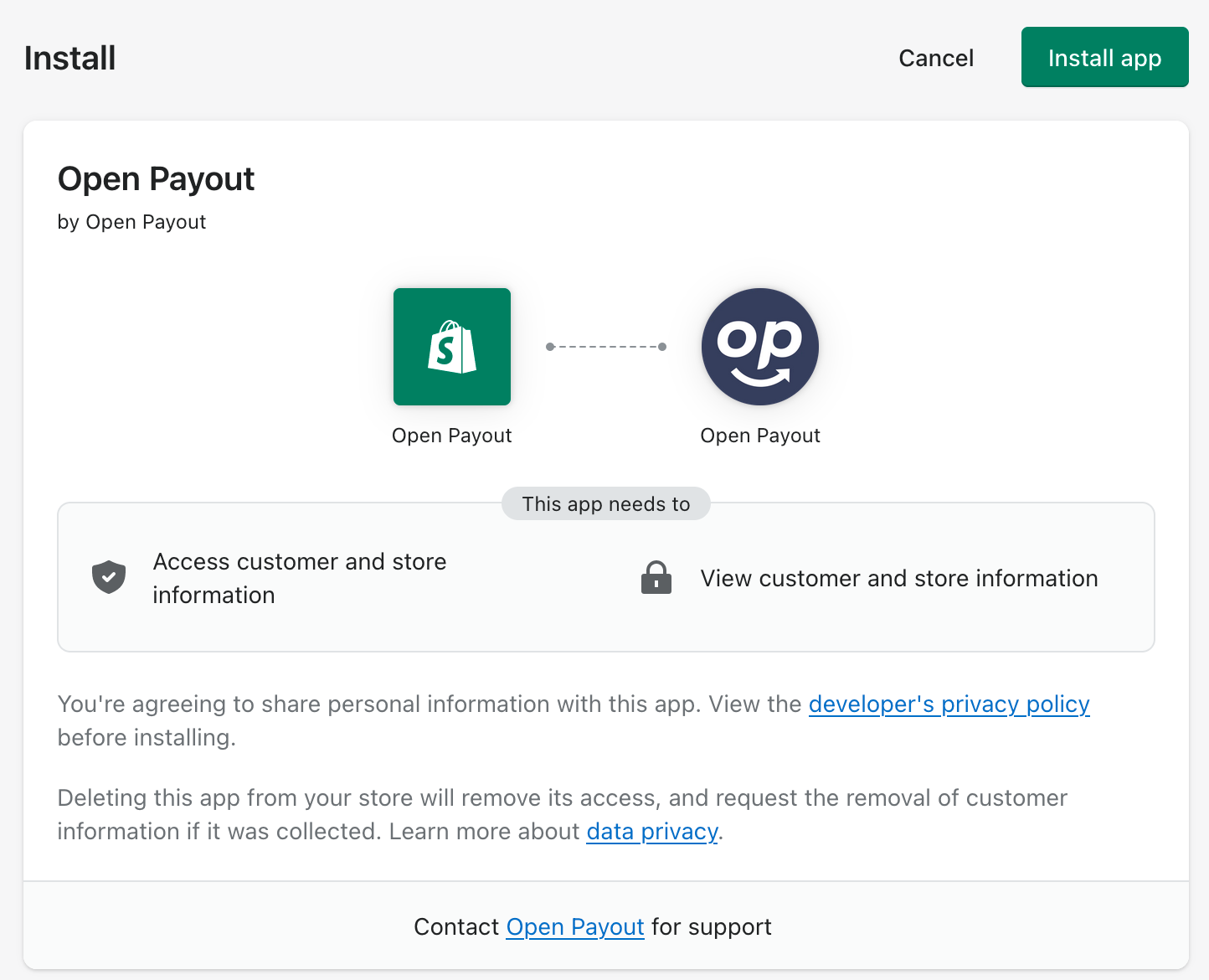 Install Open Payout Shopify App Prompt
